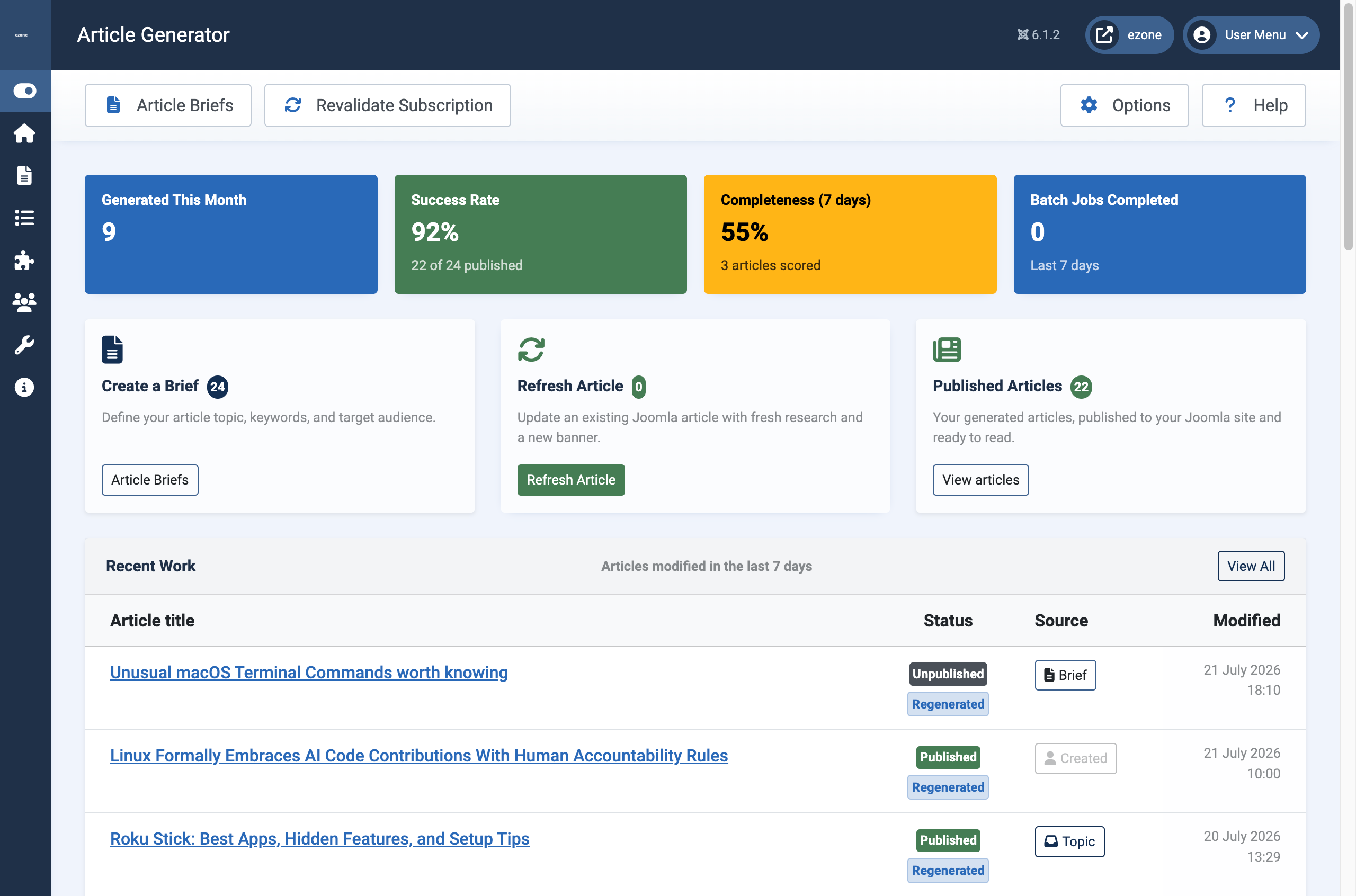 Dashboard in Article Generator (in Joomla Admin)