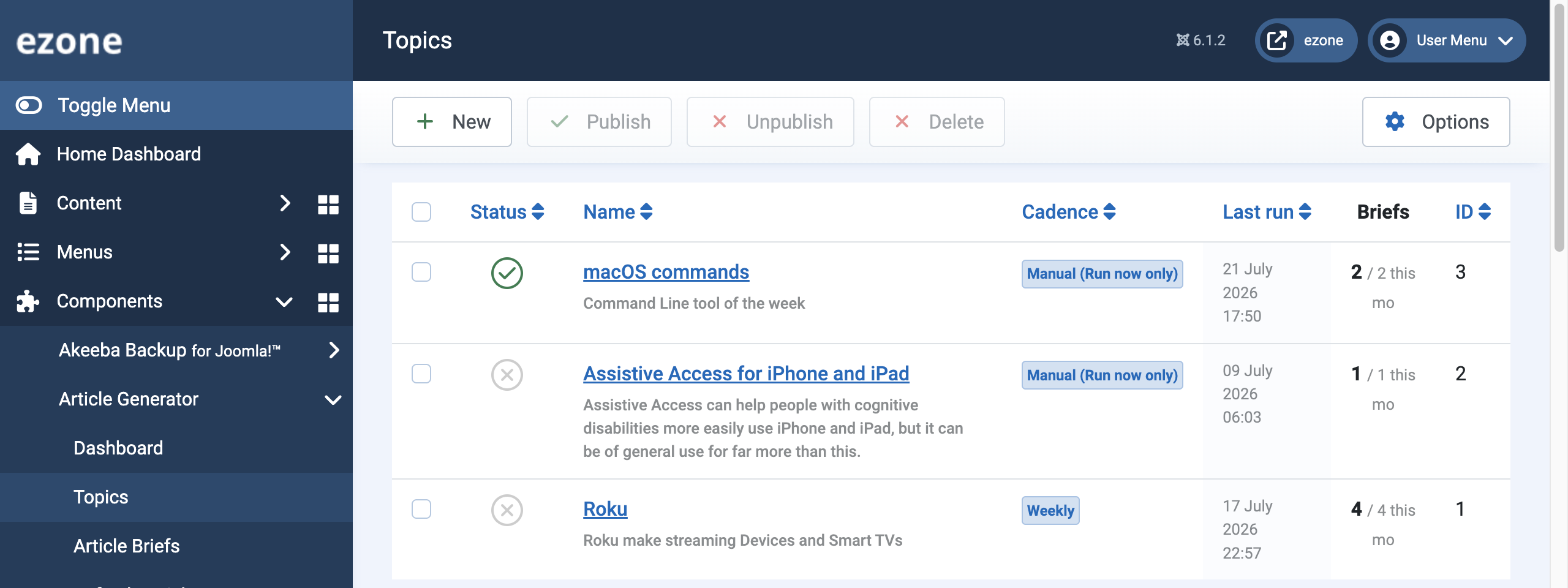 Topics in Article Generator (in Joomla Admin)