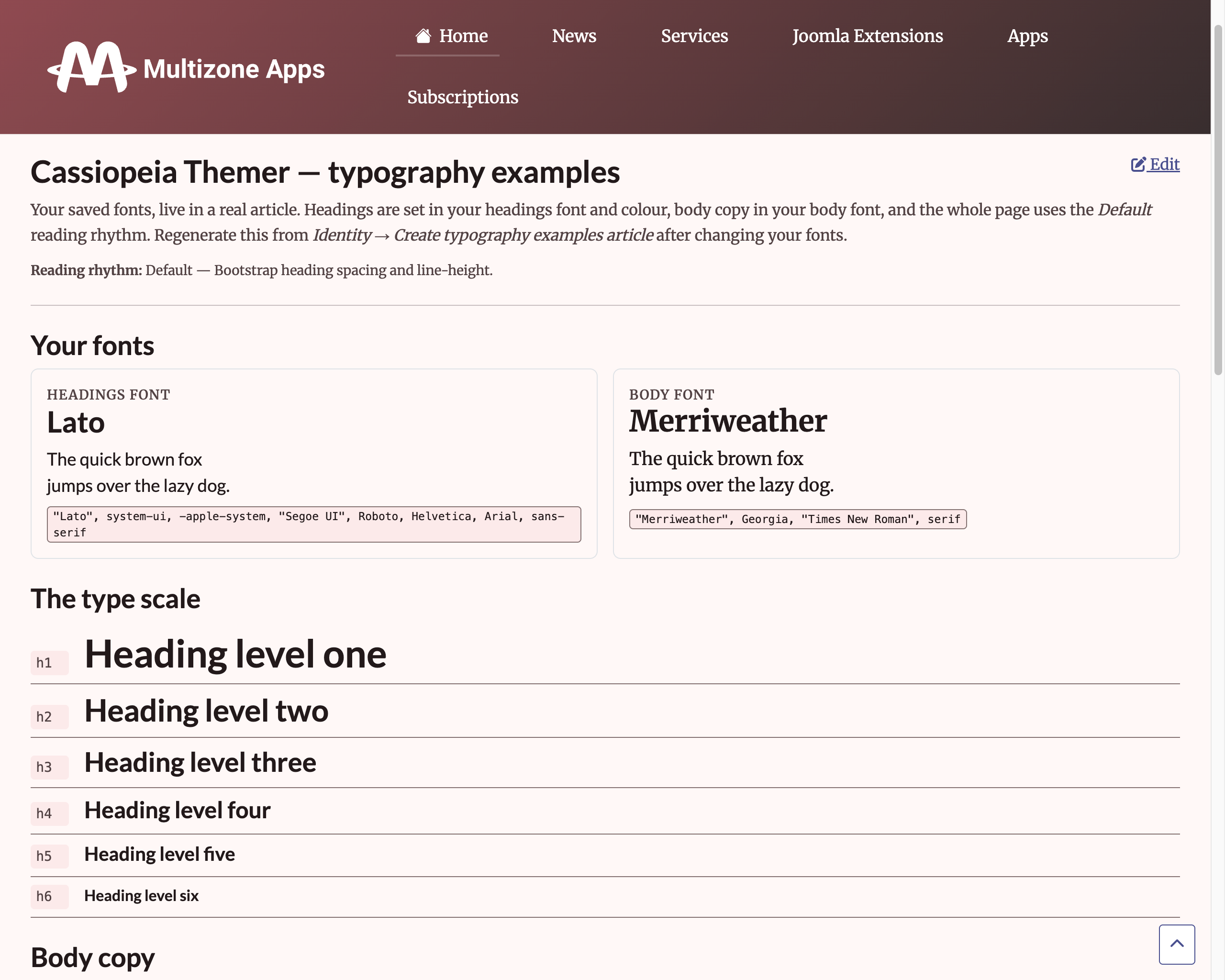 This site is a Cassiopiea based Joomla site with Cassiopiea Themer and this is a screenshot of the typographt example article