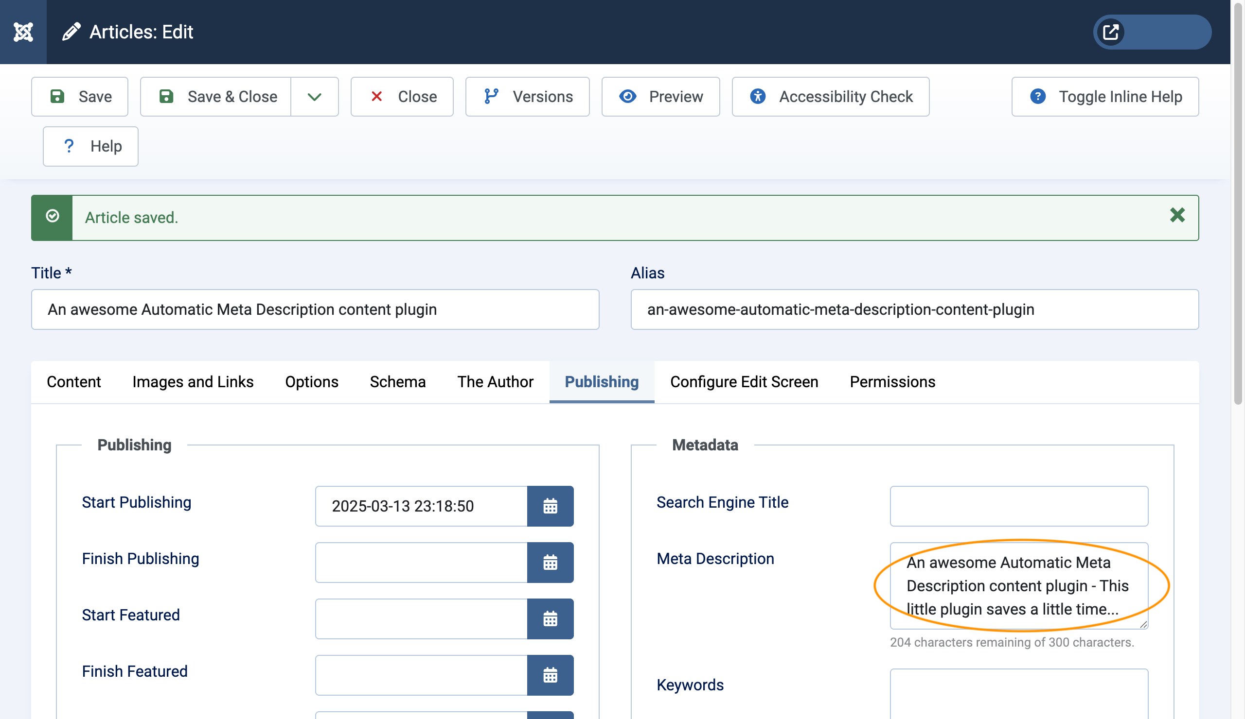 An example article once saved, the Meta Description field is populated
