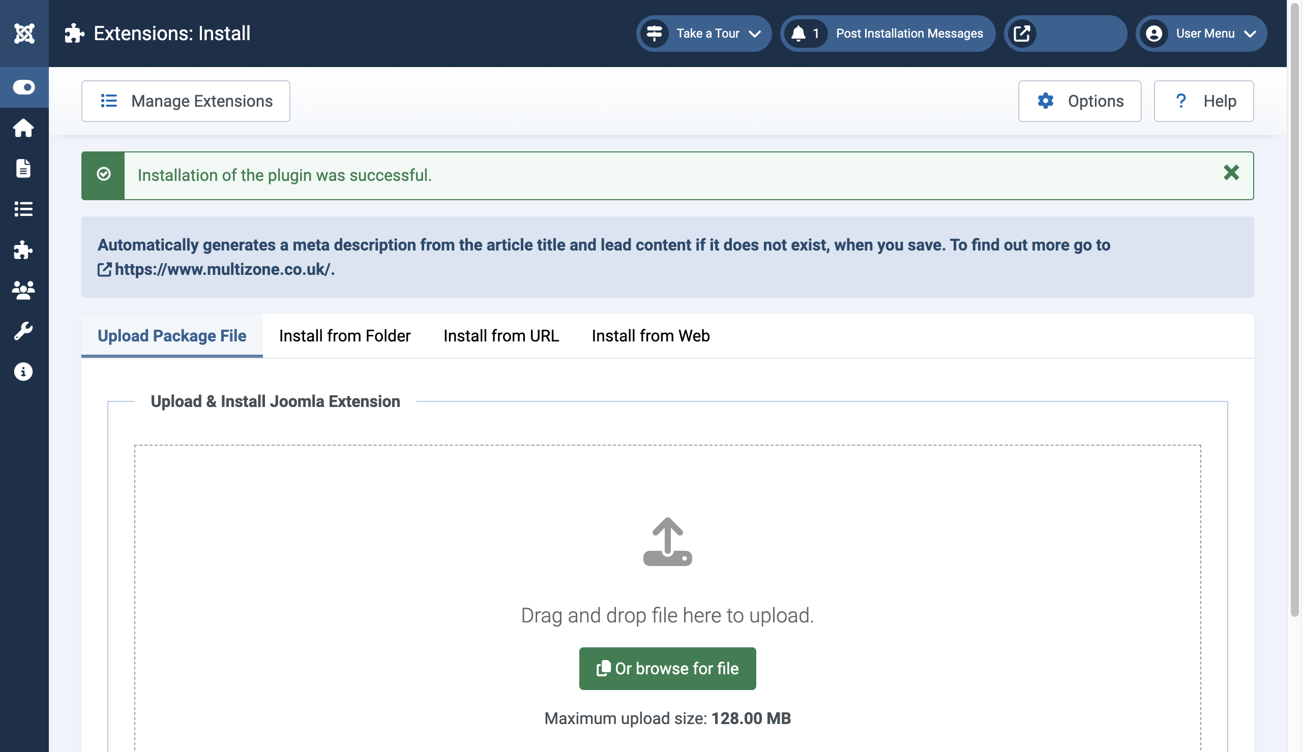Extensions : Install > Installation of the plugin was successful
