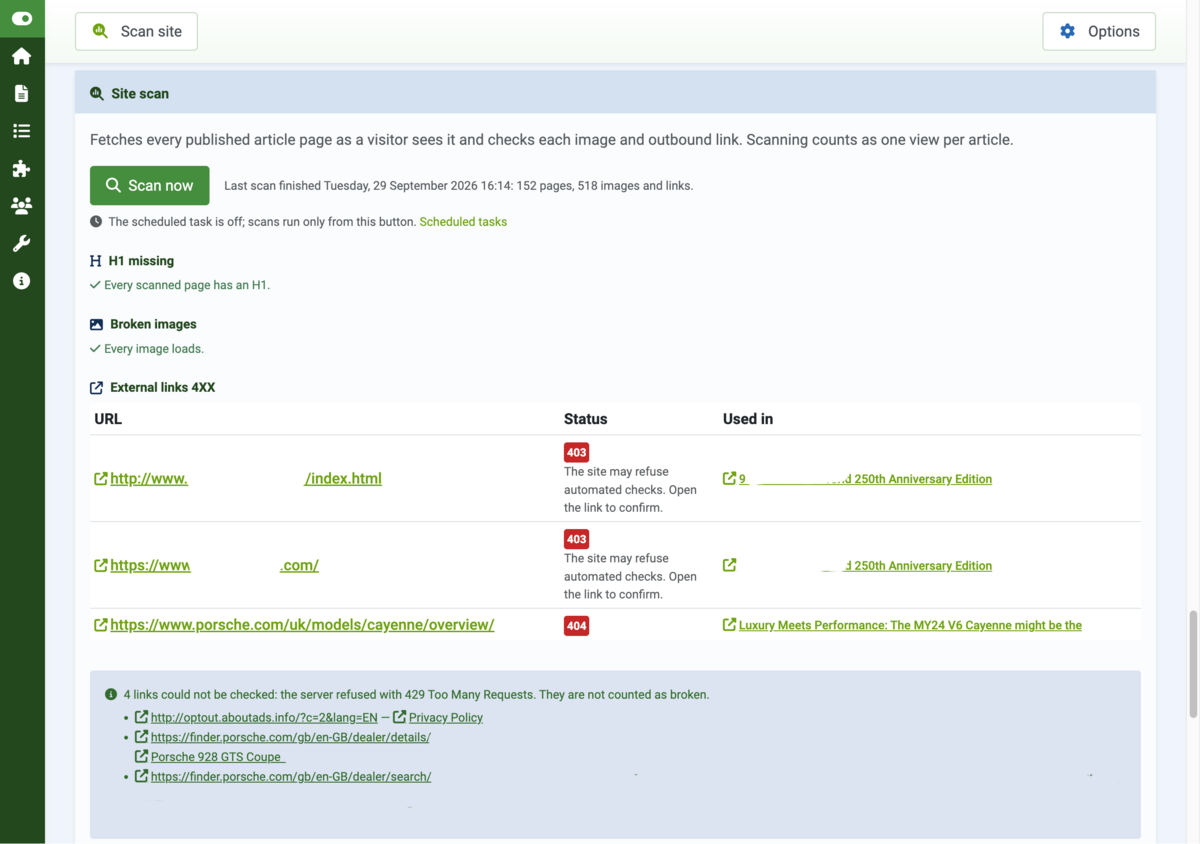 Site scan results: pages without an H1, broken images and outbound links returning 4XX, with the articles that use them