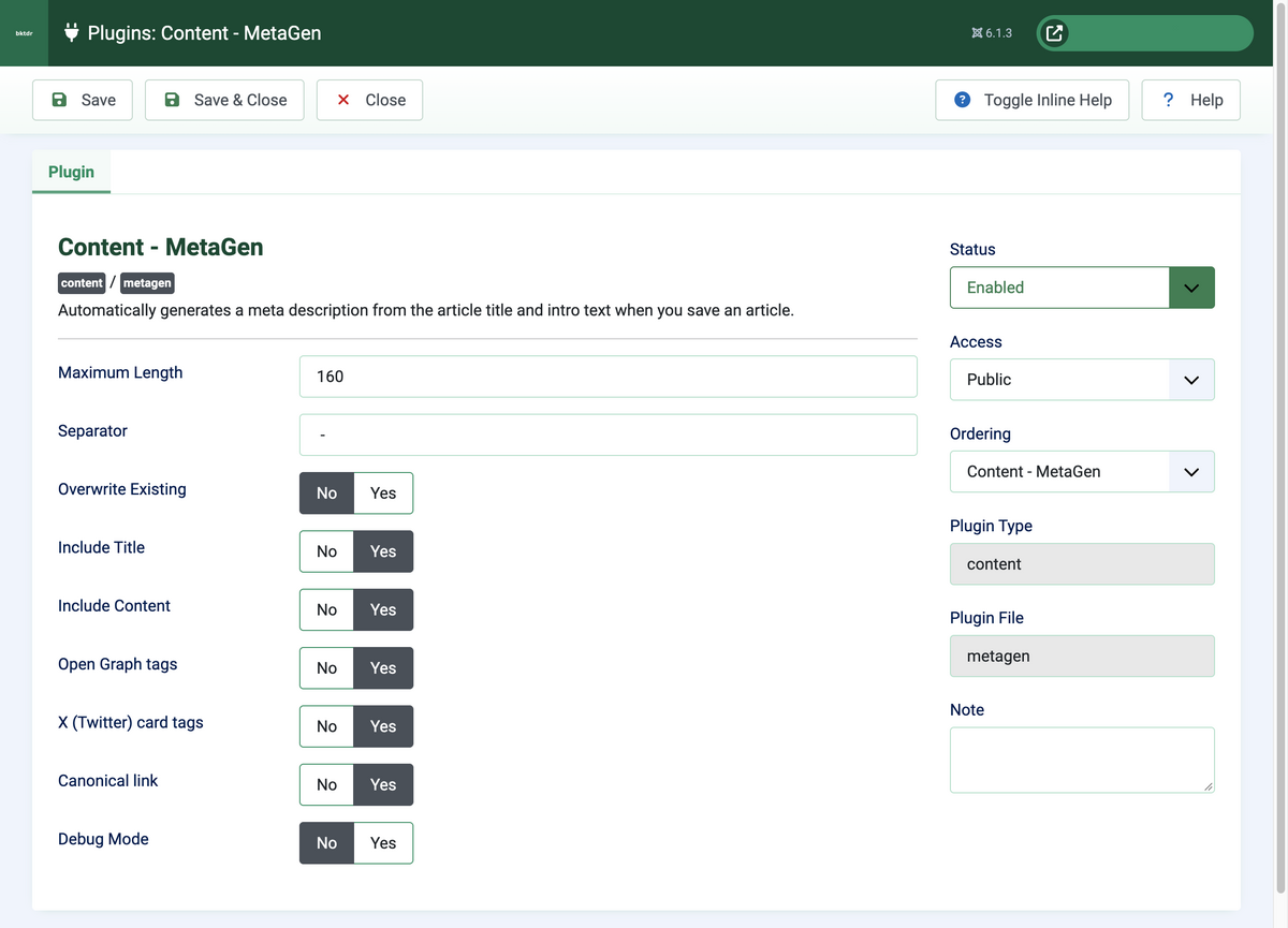 Content plugin settings: meta description length, canonical links, Open Graph and X card tags