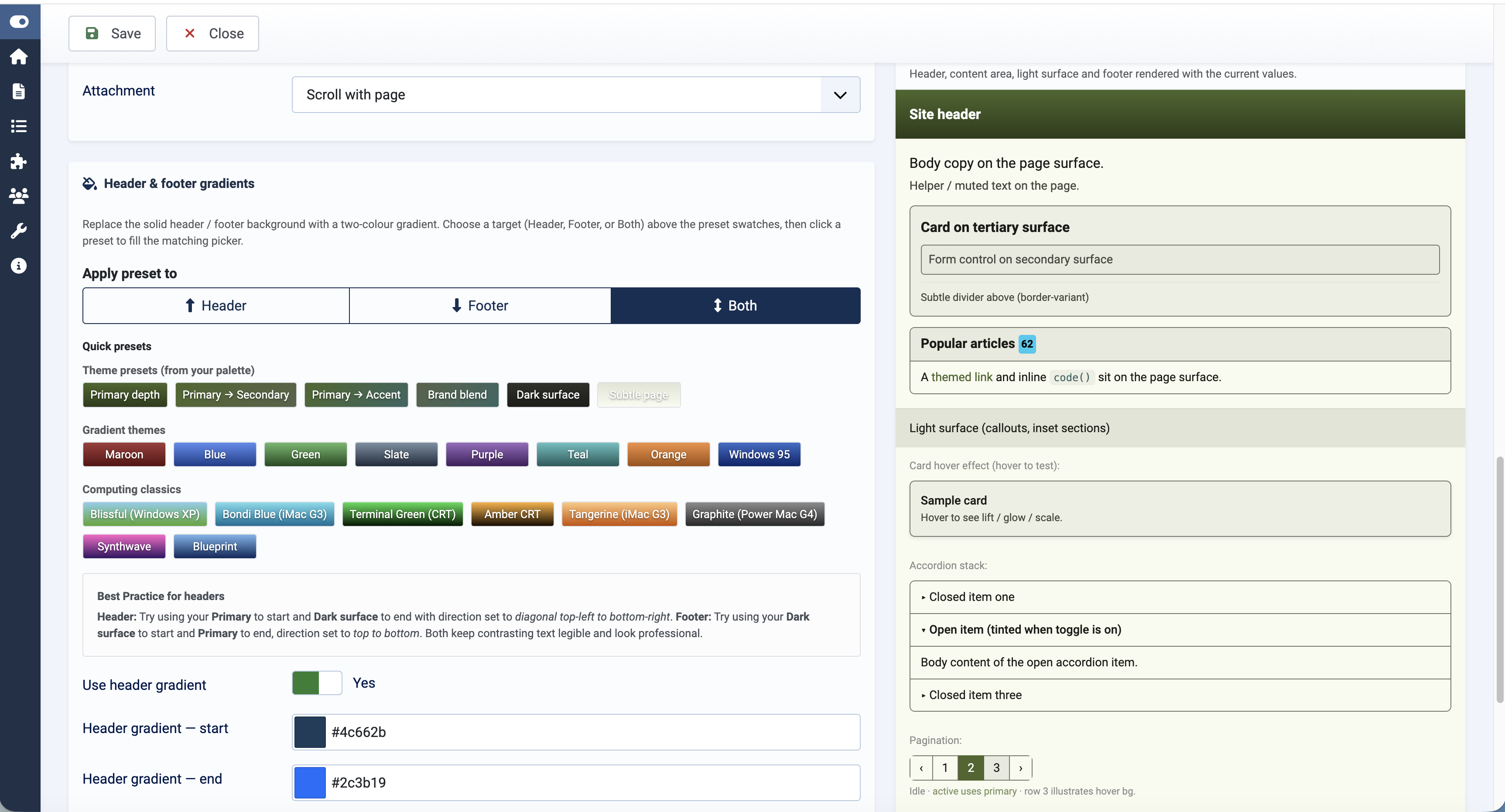 Theme matching Gradients for Headers and Footers